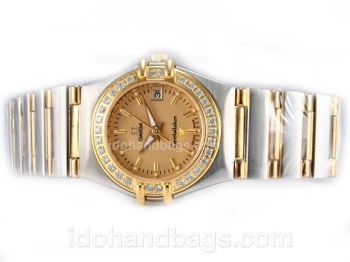 Omega Constellation Two Tone Diamond Bezel with Golden Dial 19103
